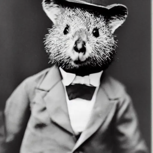 Image similar to a quokka wearing a tuxedo, antique black and white photograph