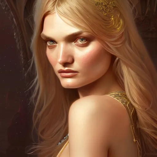 Image similar to beautiful lily donaldson, closeup, d & d, fantasy, intricate, elegant, highly detailed, digital painting, artstation, concept art, matte, sharp focus, illustration, art by artgerm and greg rutkowski and alphonse mucha