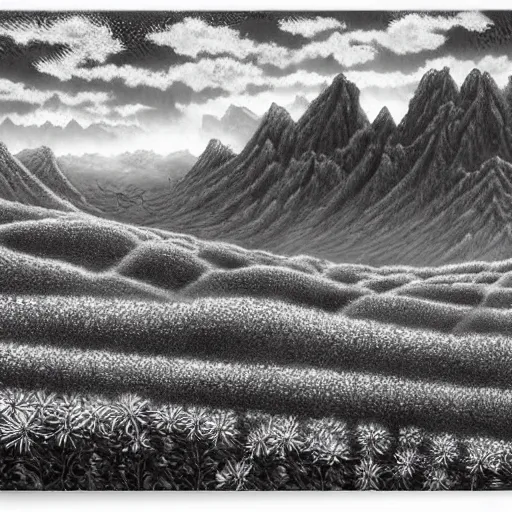 Image similar to Tall mountains, flower field by Kentaro Miura, highly detailed, black and white