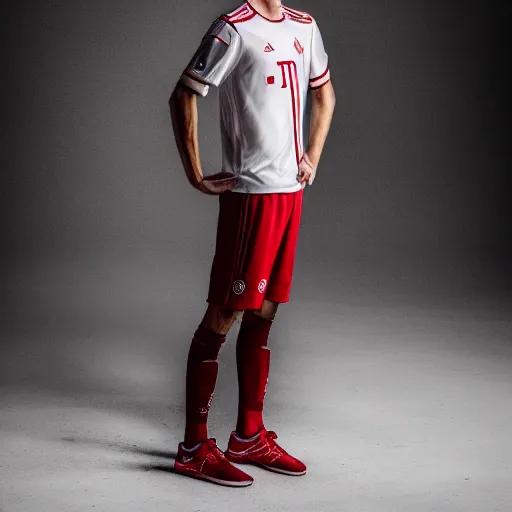 Prompt: thomas muller standing while posing for a photo, award winning photography, hdr, studio lighting, dynamic pose, medium close shot, shot on canon eos r 5, f / 2. 5,