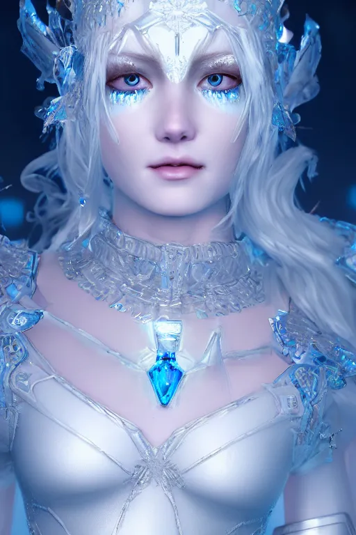 Image similar to ice goddess with beautiful face with a glowing blue crystal on her forehead, frosty white eyes, winter mist around her, white plated armor, pale skin, white smoke ， photorealism, octane render, frostbite, 8 k, cinematic, 3 5 mm, aspect ratio