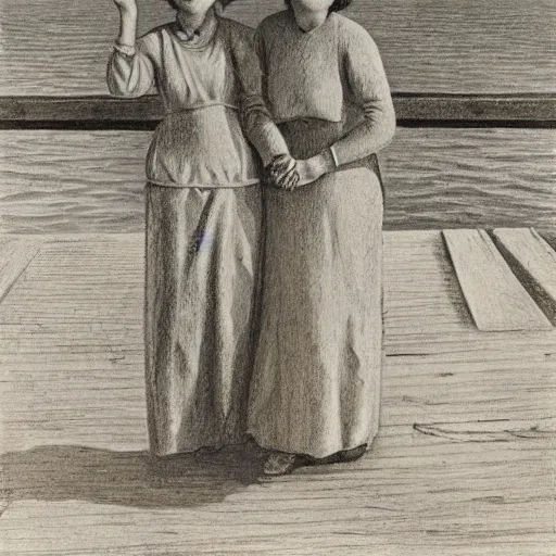 Image similar to two women!!! holding hands! on a pier! next to the ocean!! looking at the camera! by grant wood!-H 768