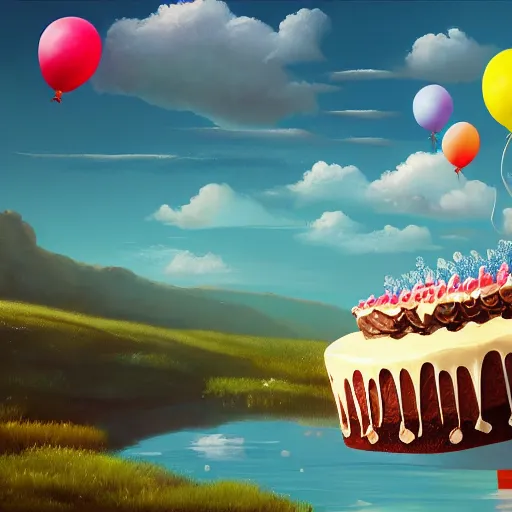 Prompt: a giant floating cake, with plenty of floating birthday balloons above a beautiful landscape. digital art, highly - detailed, artstation cgsociety masterpiece