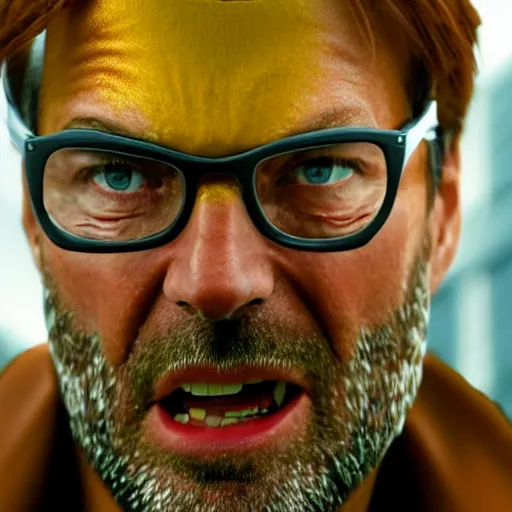 Image similar to jurgen klopp as iron man, unmasked, movie still, cinematic, photorealistic, extreme detail, sharp focus, 8 k, rain, close up, anamorphic lens, lighting, dark