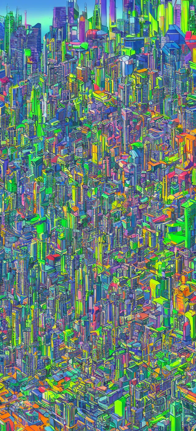 Image similar to a futuristic cityscape by bruno mangyoku, colorful, wide greenways