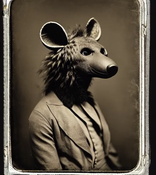 Prompt: professional studio photo portrait of anthro anthropomorphic spotted hyena head animal person fursona wearing elaborate pompous silver skull robes clothes by Louis Daguerre daguerreotype tintype