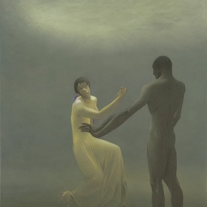 Image similar to painting of a woman grabbing the soul of a dark - skinned man by caspar david friedrich, at night, eerie, supernatural