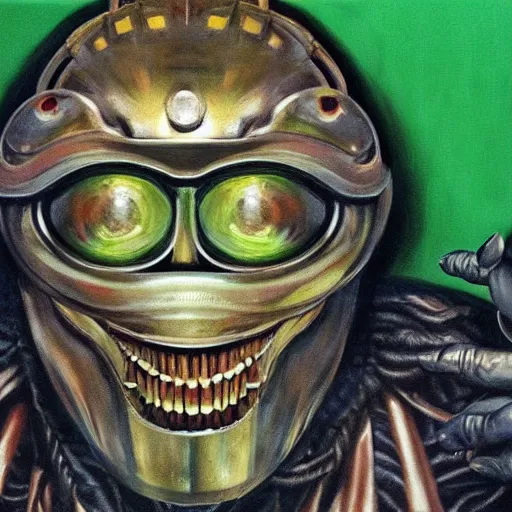 Image similar to beautiful lifelike painting of mf doom as king ghidora, hyperreal detailed facial features and uv lighting, art by ed roth and basil wolverton