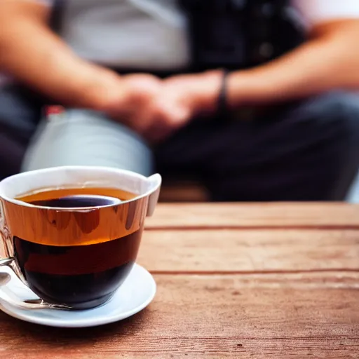 Prompt: a robot police officer drinking tea in a coffee shop sitting down relaxed, professional photography