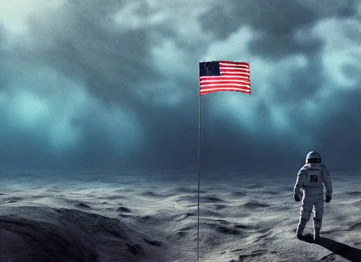 Image similar to astronaut holding a flag in an underwater desert. a submarine is visible in the distance. dark, concept art, cinematic, dramatic, atmospheric, 8 k, trending on artstation, blue, fish, low visibility, light rays, extremely coherent, bubbles, fog, ocean floor, christopher nolan, interstellar