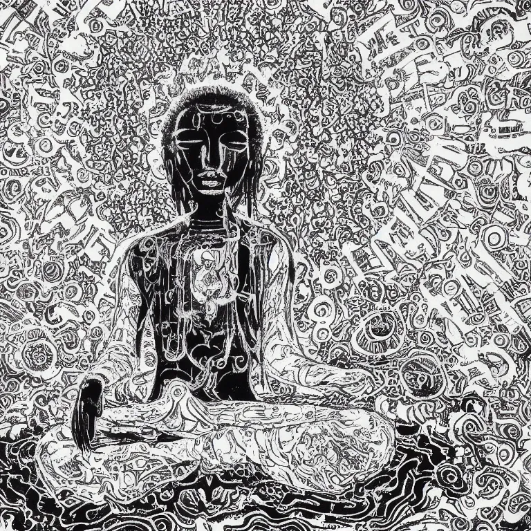 Prompt: large massive human meditating supreme peace immense knowledge infinite color dmt art black and white intense loss ending death betrayal suffering deep black