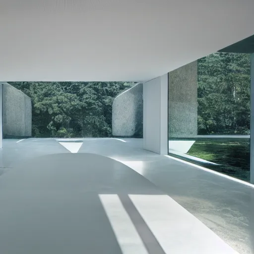 Image similar to a large room with minimalist architecture, partially flooded by blue green water, liminal space, made of all white ceramic tiles, surreal, curving hallways, rounded ceiling, stairs,