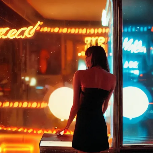 Image similar to vertical movie frame portrait of girl in 5 0's retro restaurant interior, neon - decorated urban on night in the city seen through the window, modern interior design, architectural design, vintage, night blade runner, dark, postapocalyptic, clean lines, 4 k, octane, lunarcore city at distance, big windows, octane, wide angle