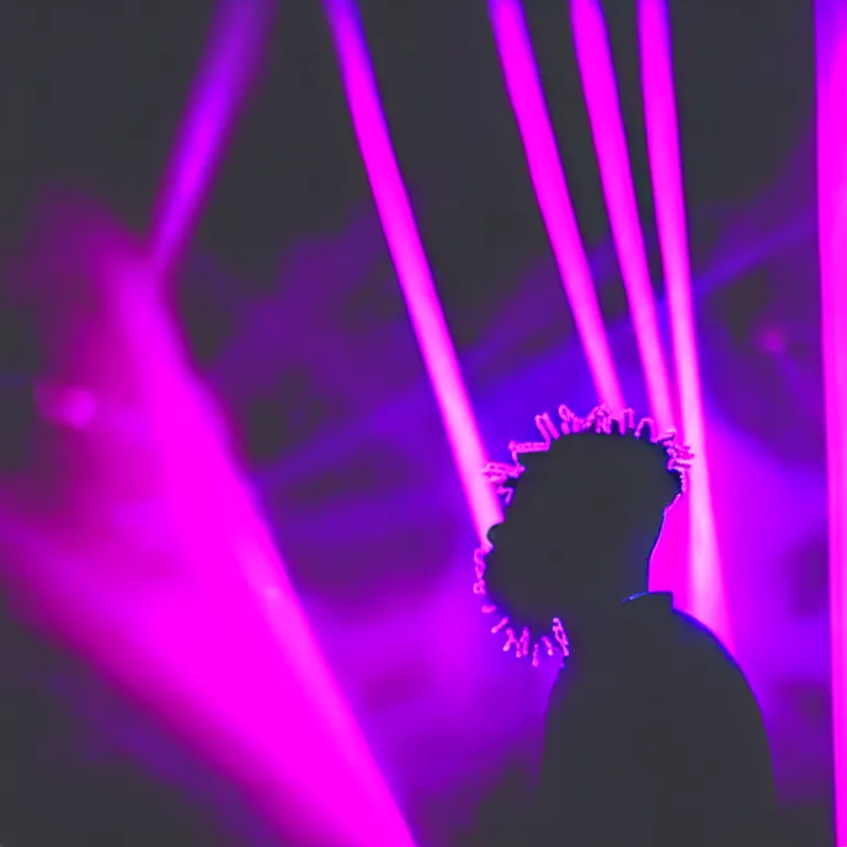 Image similar to rapper using microphone, epic angle, profile view, silhouetted, distinct, psychedelic hip-hop, laser light show, beams of light