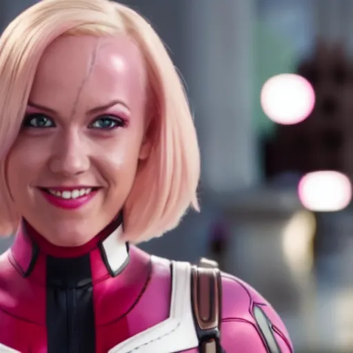 Image similar to A still of Gwenpool in Deadpool 3 (2023), blonde hair with pink highlights, no mask, white and light-pink outfit, smiling and winking at the camera, comics accurate design