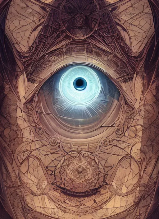 Image similar to all seeing eye by hiroshi yoshida and moebius and loish and artgerm, painterly, symmetrical, ultra detailed, hyper realistic, illustration, concept art, smooth, sharp focus