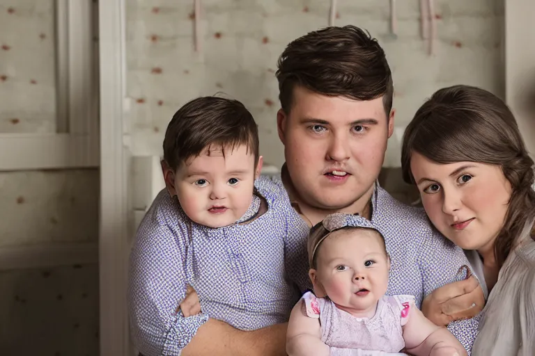 Prompt: charming and chubby parents and their baby girl, wearing a polka dot cloths and a victorian - style hairdo, sits in the large and bright studio. sunlight enters through the barred window. very realistic shiny skin. subsurface scattering shiny skin. beautiful lighting, 4 k post - processing, highly detailed, 5 k extremely detailed, 3 d. cinematic scene.