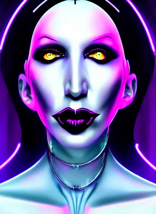 Image similar to portrait of marilyn manson cyber humanoid, intricate, elegant, cyber neon lights, highly detailed, digital painting, artstation, glamor pose, concept art, smooth, sharp focus, illustration, art by artgerm and greg rutkowski