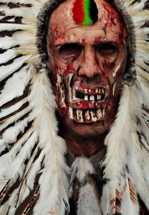 Image similar to close up portrait of zombie Pope Francis wearing a Native American Indian Feathered Headdress War Bonnet, dead redemption, by Dan Colen