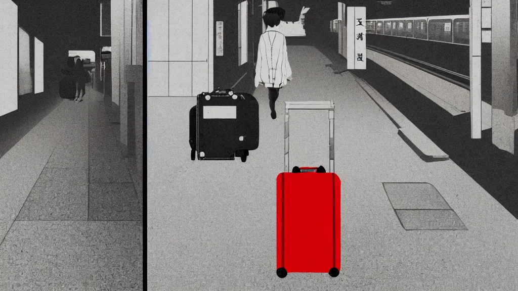 Image similar to an explorer's luggage on the train platform, rural japan, a collage painting, in the style of wes anderson, lola dupre, david hockney, isolated on negative white space background dark monochrome neon spraypaint accents volumetric octane render