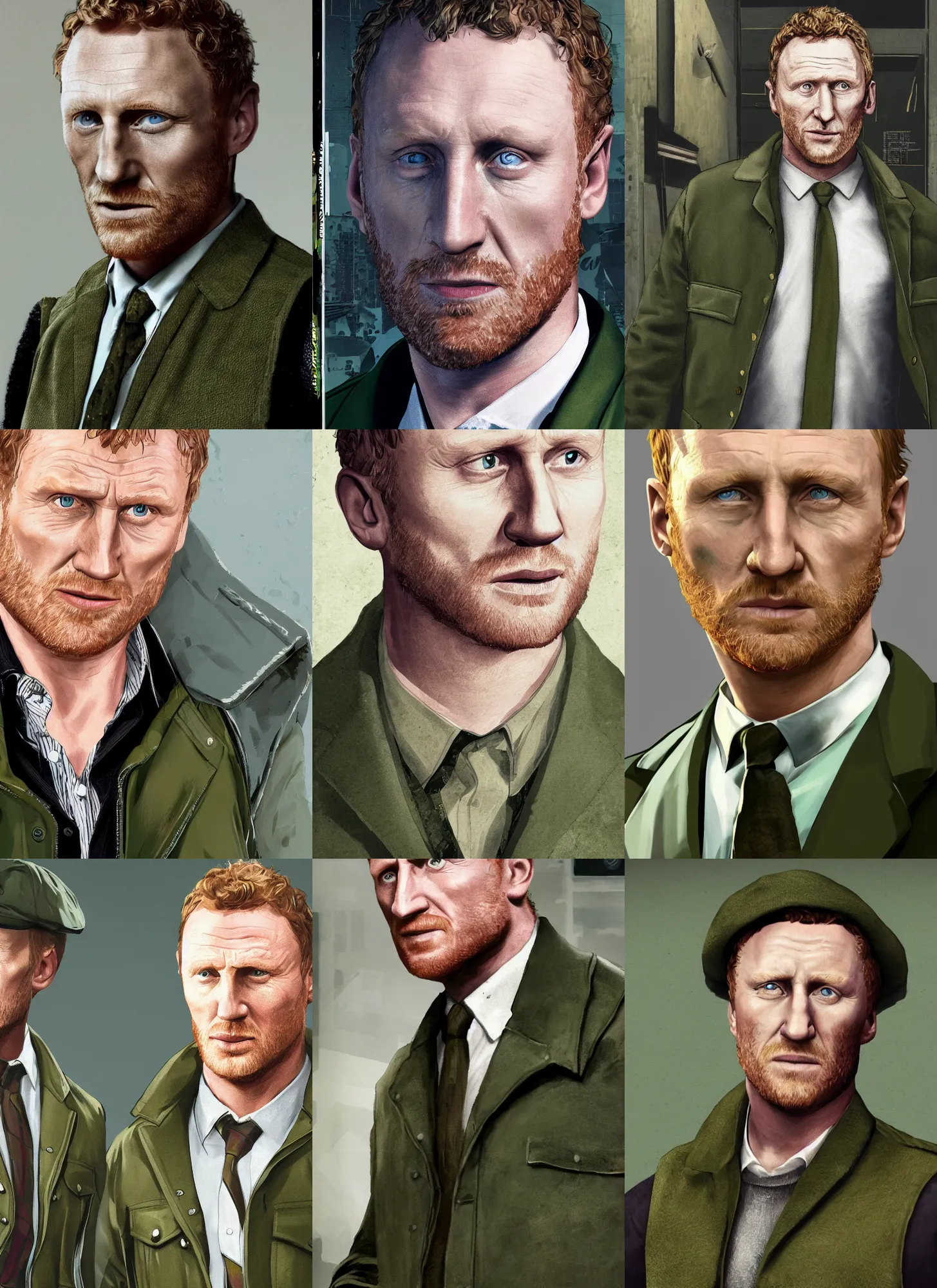 Prompt: portrait close - up kevin mckidd ciaran murphy, olive green flat cap and gilet suit, dark, gta v coverart!!