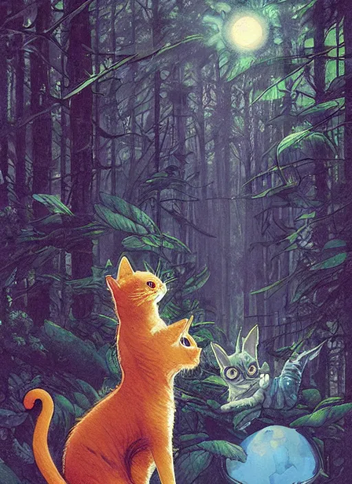 Image similar to a hyper realistic ink cat alien technology and sunbeams blue sky, lush forest foliage painting by chiara bautista and norman rockwell and greg rutkowski weta studio, and lucasfilm