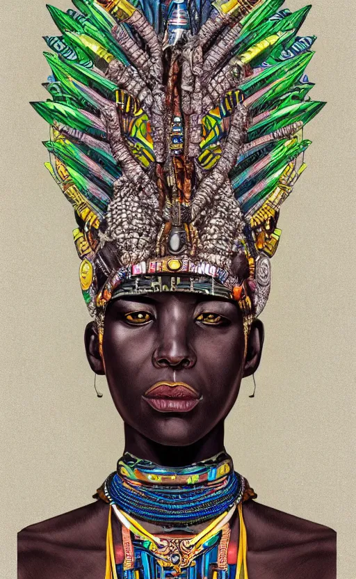 Prompt: upper half portrait of retro futuristic african tribal chief - embellished with vegetation and iridescent crystals, art by katsuhiro otomo, highly detailed, digital painting, concept art, illustration, smooth sharp focus, intricate, symmetry, artstation, colourful,