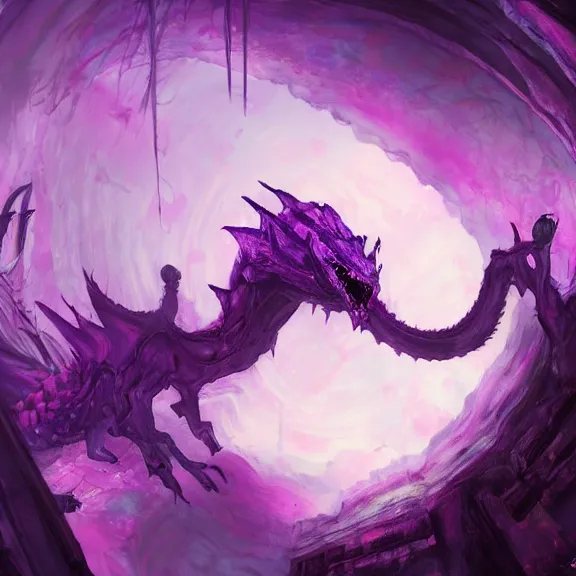 Prompt: inside a cavernous living stomach, the walls purple and pulsing, acid pooling on the floor, digesting a small dragon, food pov, micro pov, vore, digital art, furry art, anthro art, warframe infested art, high quality, 8k 3D realistic, macro art, micro art, Furaffinity, Deviantart, Eka's Portal, G6