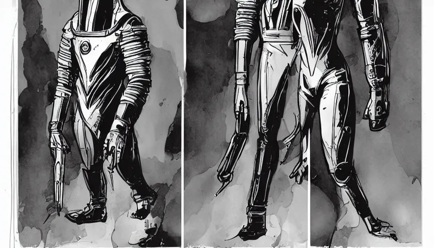 Image similar to male, elongated figure, space suit, science fiction, sketch, character sheet, very stylized, upa style, digital art, illustration, pen and ink, by mike mignola, by alex maleev