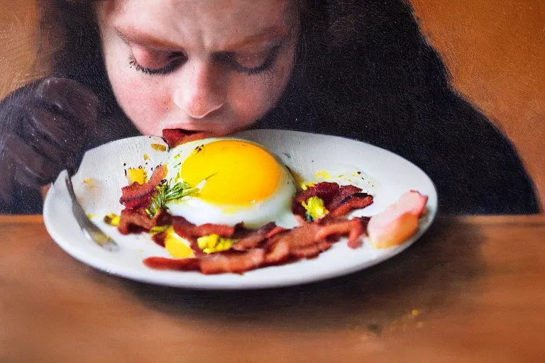 Image similar to painting of a pre - raphaelite spider - man eating fried eggs and bacon, 5 0 mm lens, f 1. 4, sharp focus, ethereal, emotionally evoking, head in focus, volumetric lighting, blur dreamy outdoor,