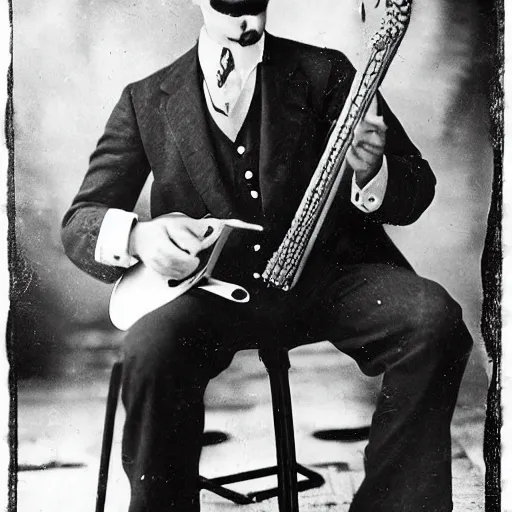 Image similar to octopus in a suit playing delta blues, 1 9 2 0 s, photograph