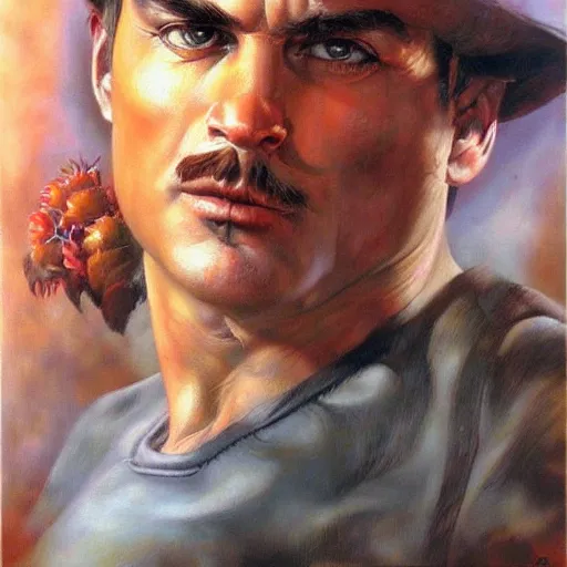 Image similar to detailed portrait mario intricate, hyper detailed, realistic, oil painting, by julie bell, frank frazetta, cinematic lighting