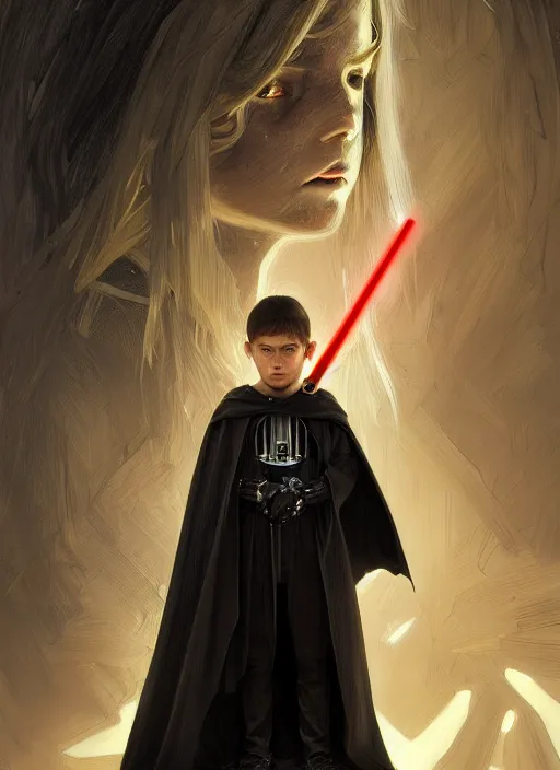 Image similar to perfectly - centered - portrait of a kid wearing black cloak holding light saber, intricate, highly detailed, digital painting, artstation, concept art, smooth, sharp focus, illustration, unreal engine 5, 8 k, art by artgerm and greg rutkowski and alphonse mucha and sam spratt