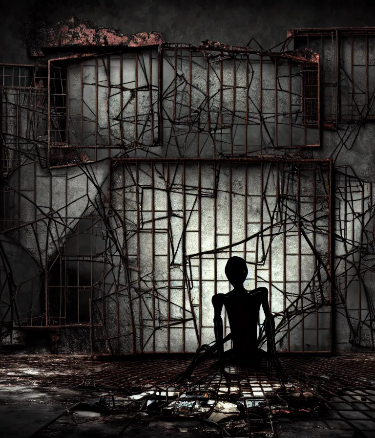 Image similar to Creepy huge suffering humanoid with long limbs sits on the floor and looks at the old TV. An underground very dark gloomy multi-layered structure of rusty thick iron grates, dense chain-link fencing and peeling walls. Inside view, collapsed floors, bent rusted iron, masterpiece, black background, corners, cinematic, hyperdetailed, photorealistic, hyperrealism, octane render, 8k, depth of field, bokeh, architecture, shadows, art by Zdzisław Beksiński, Dariusz Zawadzki