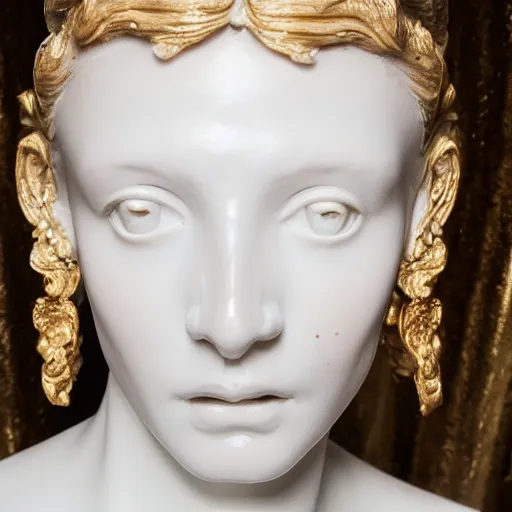 Image similar to close up of face of female fashion model, white marble by auguste rodin, gold plated, valentino dress, highly detailed