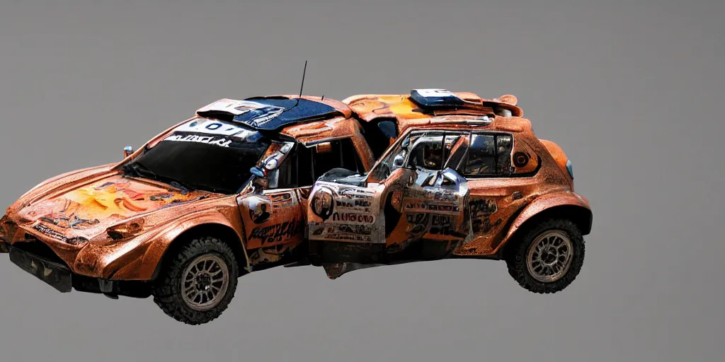 Image similar to offroad rally car copper paint job by sebastian luca and pablo carpio and edgaras cernikas and wang ke and damon greenhalgh, in wide view shot. blank background with some dreamy color lights.