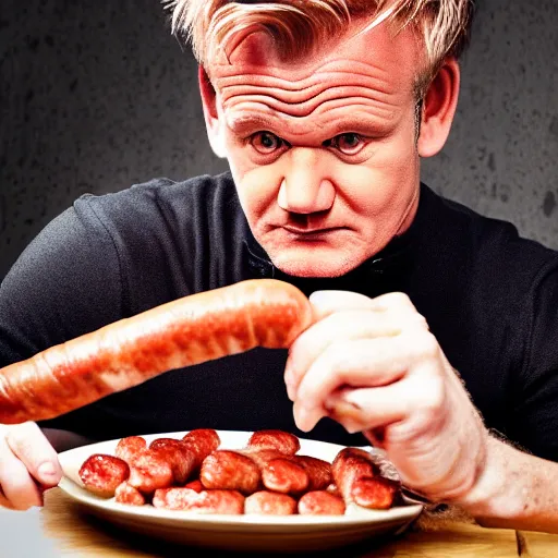 Prompt: gordon ramsey eating sausages with sauce and not liking it, high quality photograph, photorealist F1.8