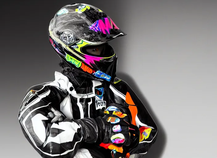 Image similar to beautifully lit photo of a black marble statue of a woman with colorful motocross logos and a black motorcycle helmet with closed visor, carved marble statue, symmetrical, fine art, michaelangelo, vogue, in the style of virgil abloh, offwhite, matthew williams, denoise, highly detailed, arnold, maya, photoshop, lightroom