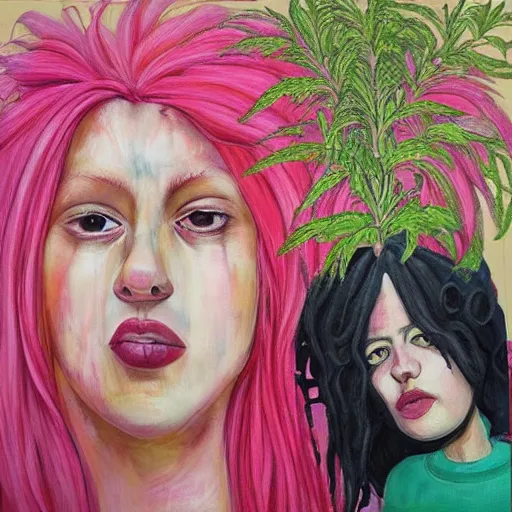 Prompt: “tall queer woman with long pink hair and a tall emo girl, a giant weedy pig, skyscraper covered in plants, pork, acrylic and spray paint and oilstick on canvas, surrealism, neoexpressionism”