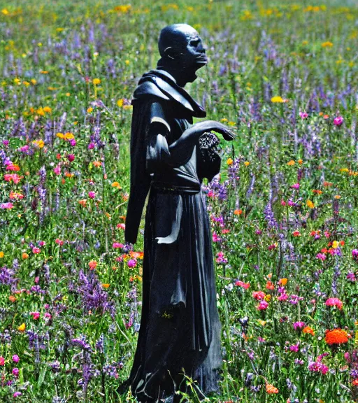 Image similar to mystical black death god figure statue in tall meadow of flowers, film photo, grainy, high detail, high resolution