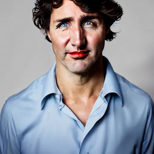 Image similar to 💄 🤡 a portrait of Justin Trudeau by Martin Schoeller, photorealistic, global lighting