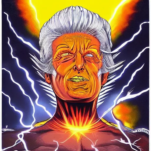 Image similar to godlike explosion coming out of Donald trumps 3rd eye,