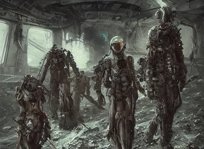 Prompt: concept art of group of high tech nomads from the future exploring abandoned laboratory from cold war era, apocalyptic road warrior vibe, an ultrafine detailed painting by by karol bak and filip hodas, trending on deviantart, pop surrealism, whimsical, lowbrow, perfect symmetrical face, sharp focus, octane, masterpiece