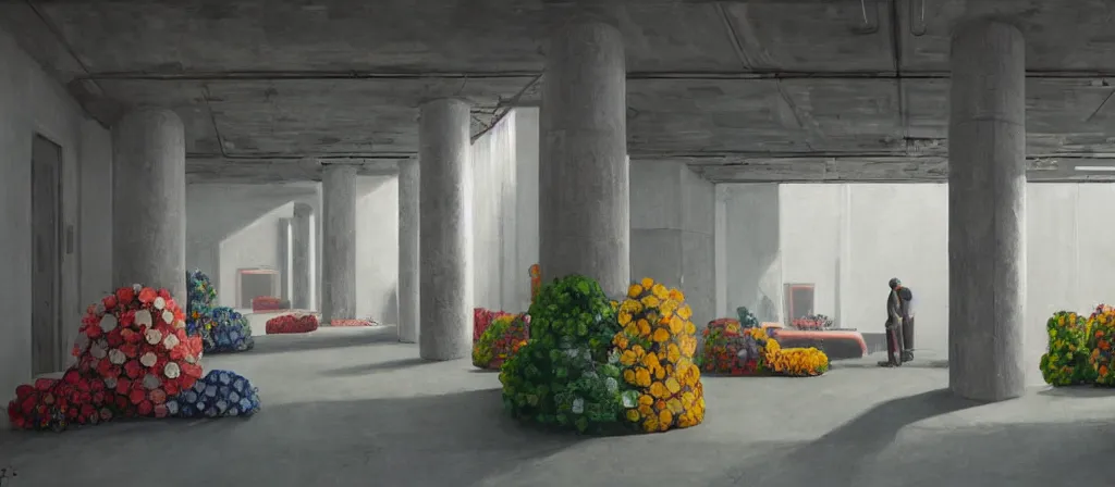 Prompt: colorful minimalist industrial interior hallway with monolithic pillars in the style of ridley scott and stanley kubrick, impossible stijl architecture, bed of flowers on floor, ultra wide angle view, cinematic, god rays, volumetric lighting, realistic detailed painting by edward hopper