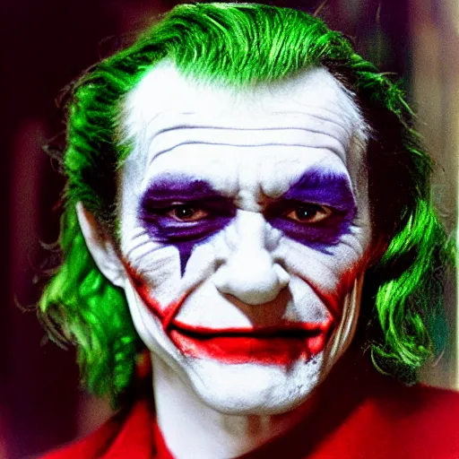 Image similar to peter otoole, hair green, face white, lips red, portrait, impressionistic, film still, joker