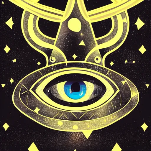 Prompt: a glowing crown sitting on a table with one large beautiful eye on top of it like a jewel, stars on top of the crown, night time, vast cosmos, geometric light rays exploding outwards into stars, sharp bold black lines, flat colors, minimal psychedelic 1 9 5 0 s poster illustration