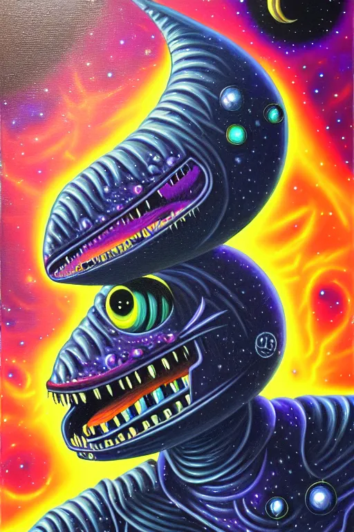 Prompt: space creature by jack vance, mike mignogna, lisa frank, highly detailed, vintage dark sci fi, oil painting