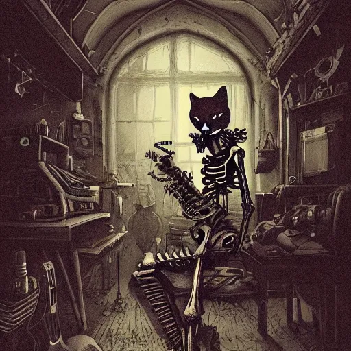 Image similar to skeleton wearing headphones, watching girl playing guitar while her black cat standing next to her, detailed intricate ink illustration, dark atmosphere, detailed illustration, hd, 4k, digital art, overdetailed art, by greg rutkowski, by loish, complementing colors, Trending on artstation