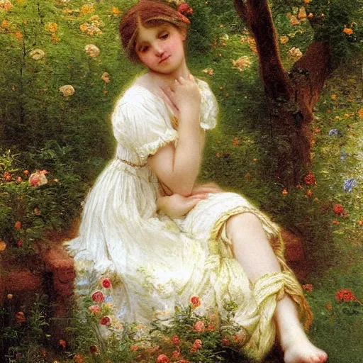 Prompt: Summer dress girl in the spring by Pierre Auguste Cot