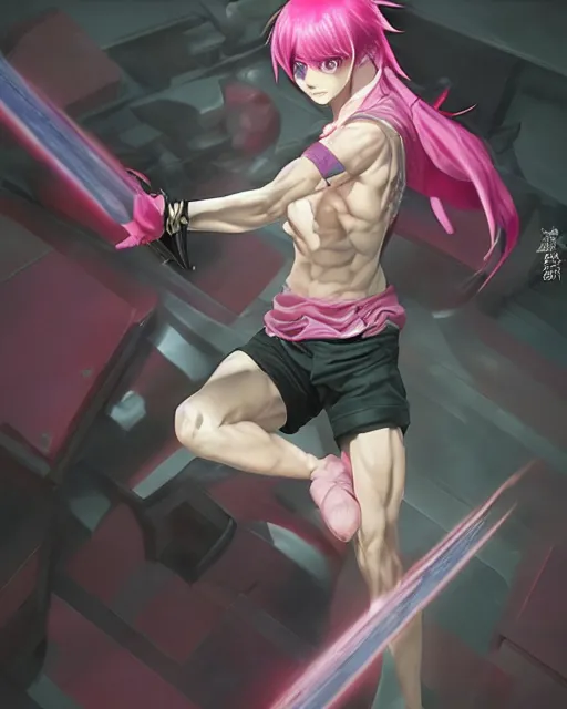 Image similar to Saiki K, Kusuo Saiki, pink hair male protagonist, manga artwork, detailed artwork, by Ruan Jia and Gil Elvgren, fullbody